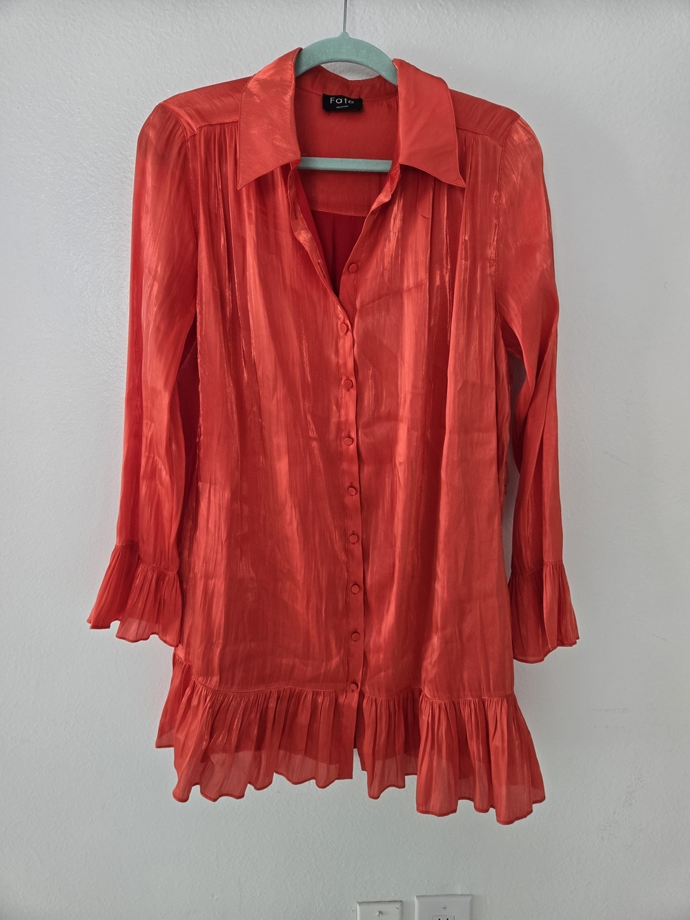 Fate Vibrant Coral Button-Down Ruffled Dress Size M